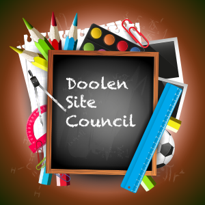 Doolen Site Council written on blackboard surrounded by school tools